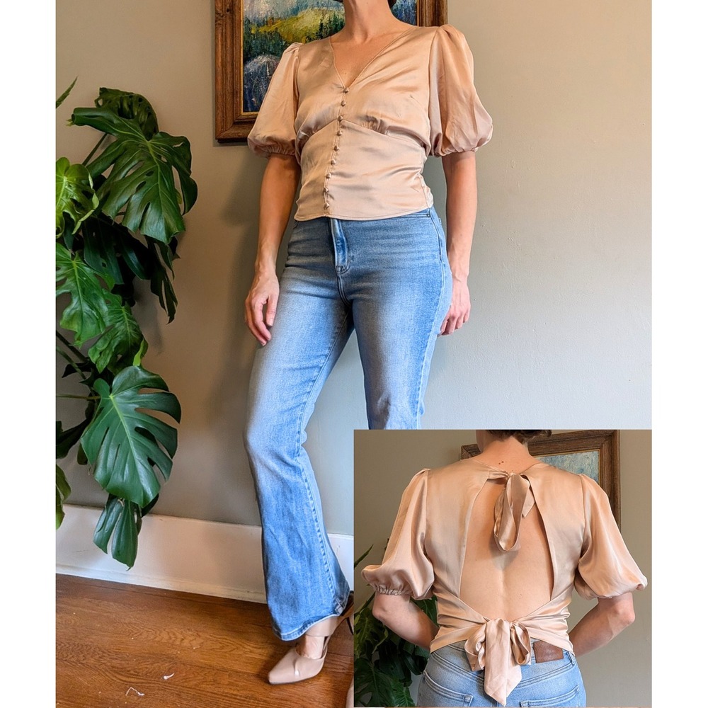 Abercrombie Satin Open Back Tie Top‎ Champagne M Puff Sleeve Event Luxury Classy